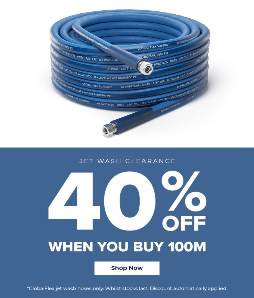 jet wash clearance - 40% off when you buy 100m. GlobalFlex jet wash hoses only whilst stocks last. Discount automatically applied - shop now