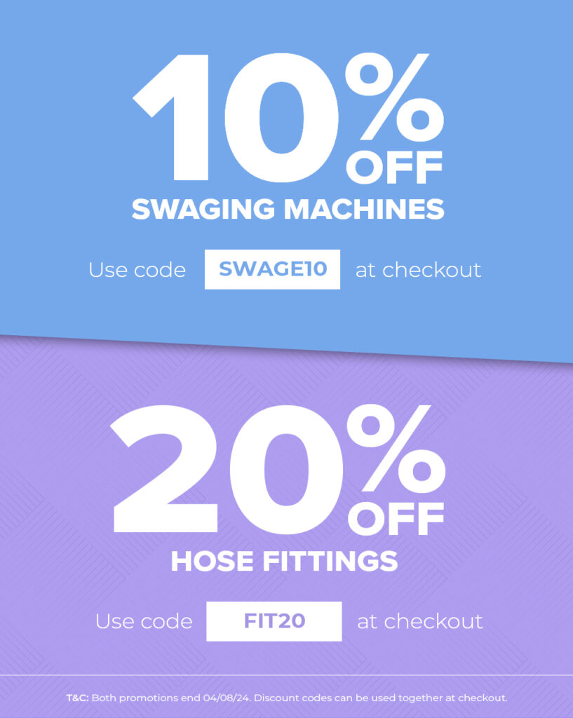 10% off swaging machines, with 20% off hose fittings